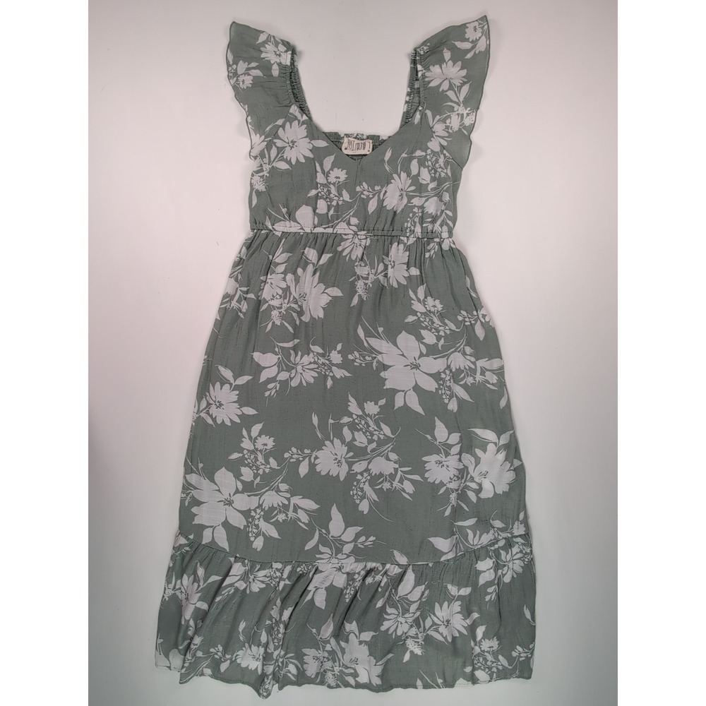Just Found Sage Green White Floral Ruffle Midi Dress Womens Size Medium V-Neck